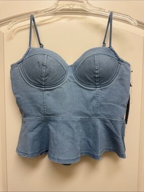 Haute Monde Light Blue Denim Bustier Top with Peplum